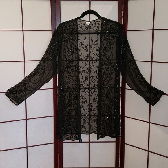 VNTG 80's Black Silk Beaded Sheer Jacket - Picture 1 of 9
